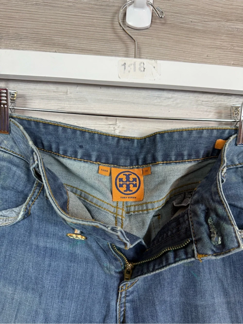Tory Burch Legging Jeans Size 28 Medium Wash Studded Paint Splatter Denim